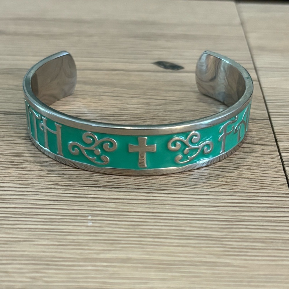 Silver and Teal Faith Cuff Bracelet